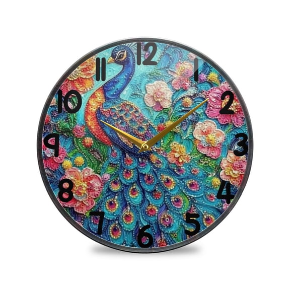 Colorful Peacock Round Acrylic Wall Clock Silent Battery Operated Home Decor for Living Room Bedroom