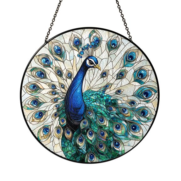 Colorful Peacock Stained Glass Sun Catcher for Window Decor, Artistic Bird Inspired Hanging Ornament, Elegant Light Reflection Accent for Home Space