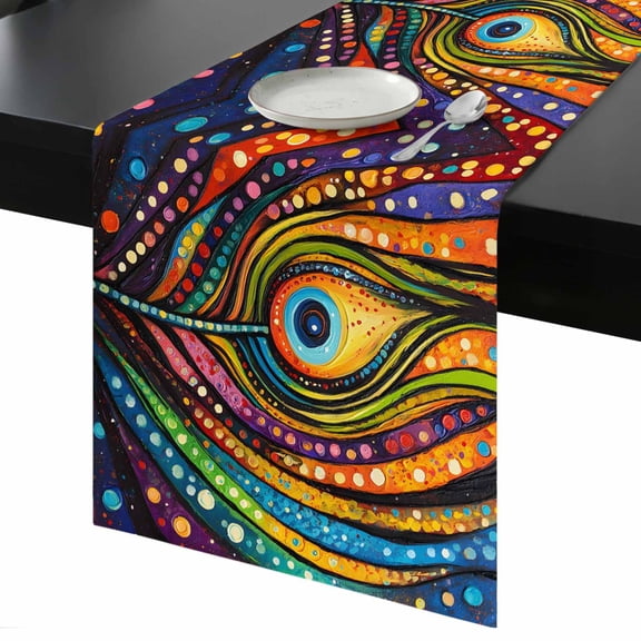 Colorful Peacock Table Runner 13x48 Inch Boho Abstract Feathers Polka Dots Table Runner Non-Slip Dresser Scarves for Holiday Decorations, Party, Dinner and Gatherings, 1 Pack