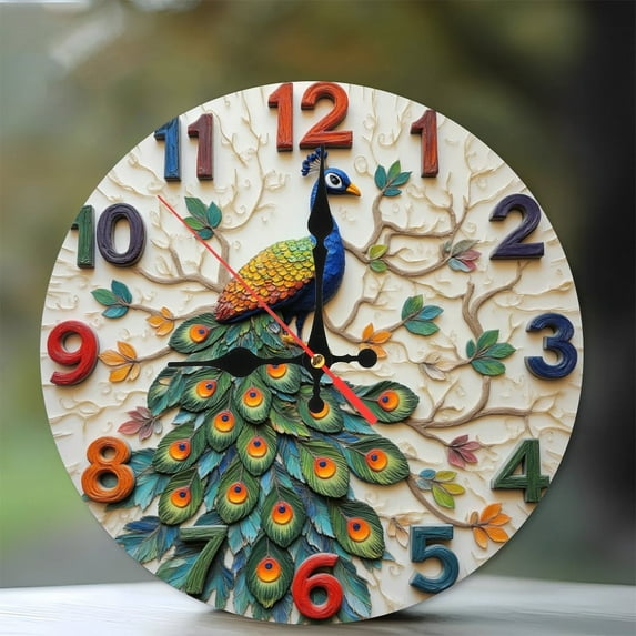Colorful Peacock Wall Clock Art Decorative Timepiece 10-Inch Silent Wooden Wall Clock, Battery Operated (AA Batteries Not Included), Artistic Home Decor