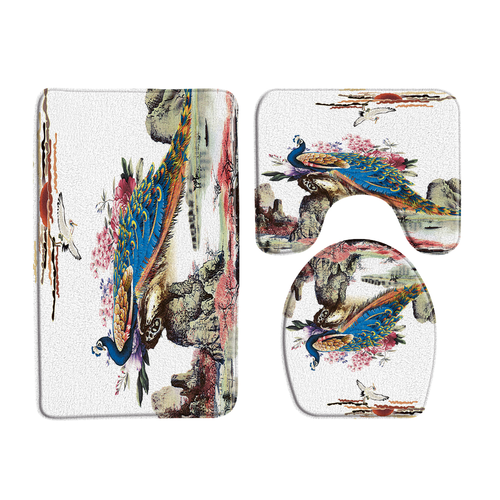 Colorful Peacocks Bath Mat 3Piece Set Animal Bathroom Rugs Carpet Anti