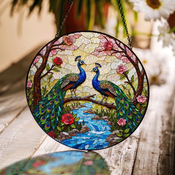 Colorful Peacocks By Stream Glass Suncatcher Window Decor Gift For Nature Lovers, Suncatcher Window Hanging, 3.5 in