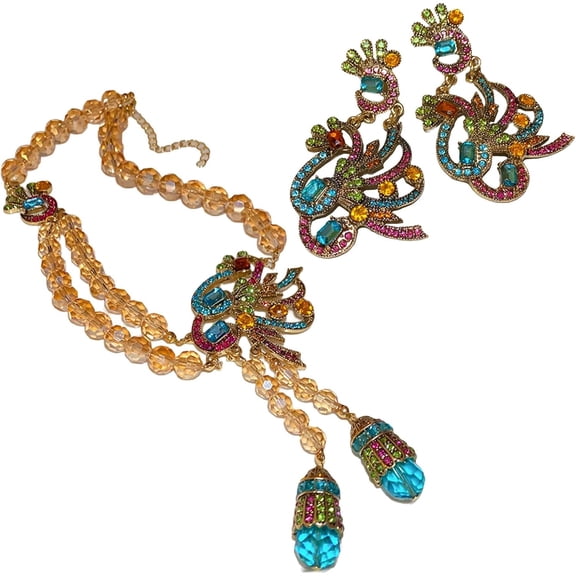 Colorful Peacocks Pendant Elegant Necklace and Silver Studs Earrings Set for Hip Women with Rhinestones Designs Wear[t834]