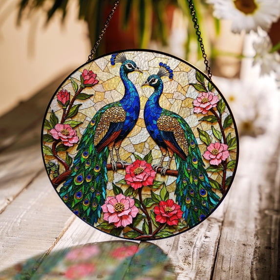 Colorful Peacocks Pink Flowers Stained Glass Suncatcher, Artistic Gift ...