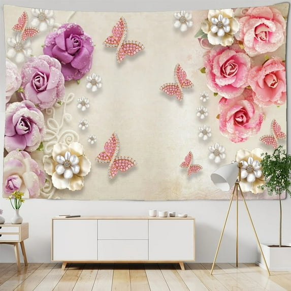 Colorful Pearl Butterfly Flower Tapestry 3D Nordic Style Hippie Boho Wall Tapestries Manda