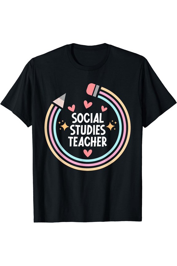 Colorful Pencil Hearts Social Studies Teacher T-Shirt for Classroom Enthusiasts