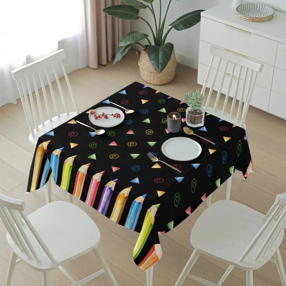 Colorful Pencil Triangle Black Table Cloth 54x54in, Waterproof Square Tablecloth Wipeable Tablecloths Back-to-school Season Table Covers for Dining Tables Party Indoor Outdoor