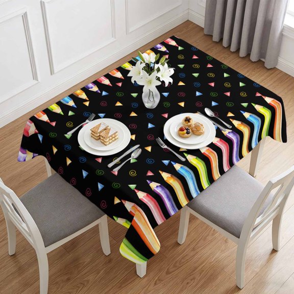 Colorful Pencil Triangle Black Table Cloth 60x84in, Waterproof Rectangle Tablecloth Wipeable Tablecloths Back-to-school Season Table Covers for Dining Tables Party Indoor Outdoor