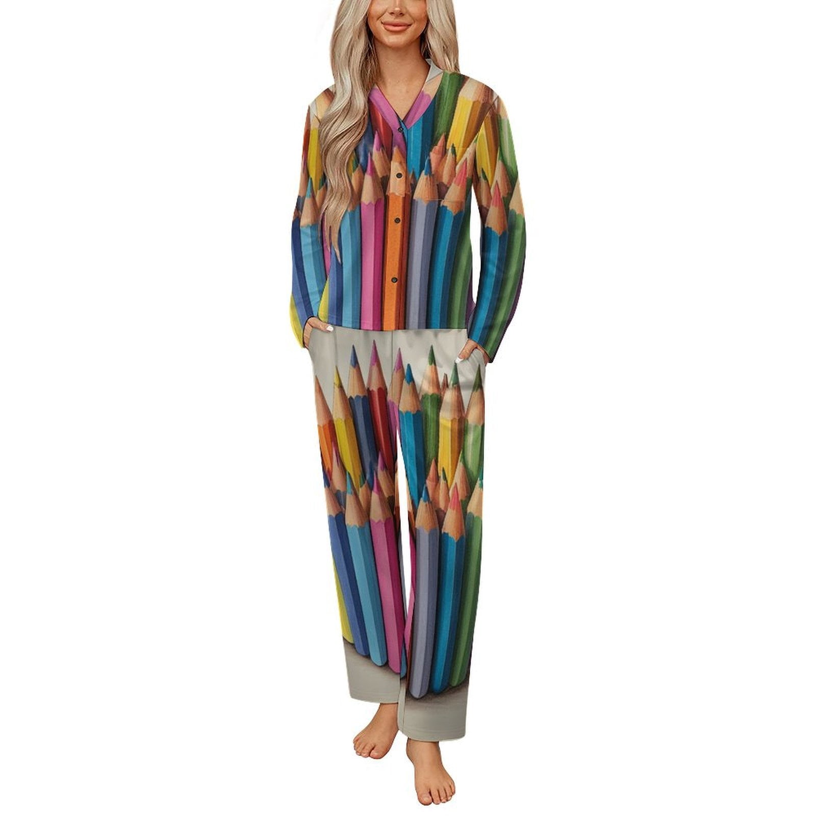 Pyjamas Colorful Colorful Pencils Art Print Womens Pyjamas Set Button Up Pyjamas Womens ...
