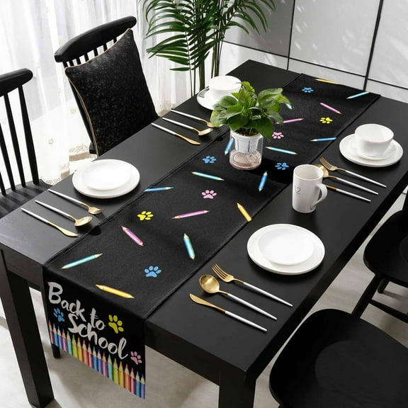 Colorful Pencils Cotton Linen Small Table Runner 13 x 36 inch Dog Paws Back to School Black Non-slip Rectangular Dining Table Decor for Wedding Party Holiday Dinner