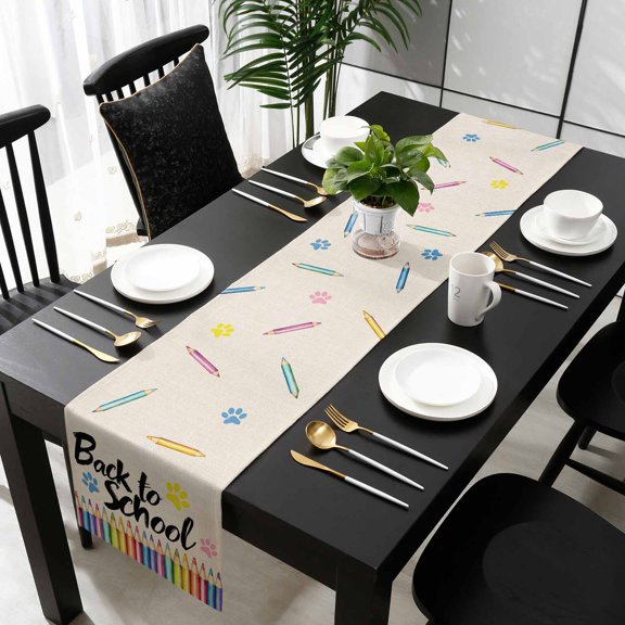 Colorful Pencils Cotton Linen Small Table Runner 13 x 60 inch Dog Paws Back to School Linen Non-slip Rectangular Dining Table Decor for Wedding Party Holiday Dinner