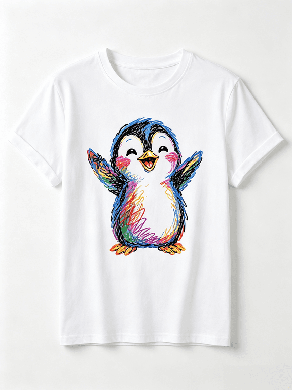 Colorful Penguin T-Shirt Crayon Scribble Sketch Animal Lover Graphic Tee