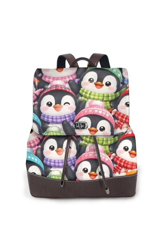 Colorful Penguin Women's Leather Backpack All-Over Print Bag for Work and Travel