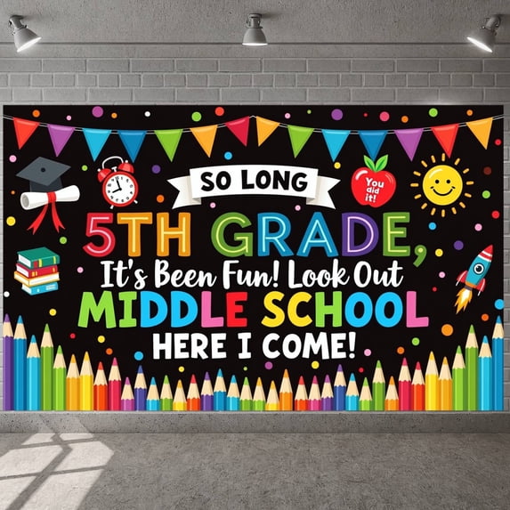 Colorful Pennants Middle School Banner Graduation Cap Next Stop Display School Supplies School Bus Graduation Backdrop for Middle School Graduation Back to School Party School Transition Event