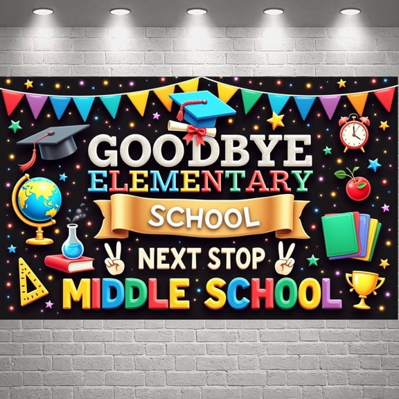 Colorful Pennants Middle School Banner Graduation Cap Next Stop Display School Supplies School Bus Graduation Backdrop for Middle School Graduation Back to School Party School Transition Event