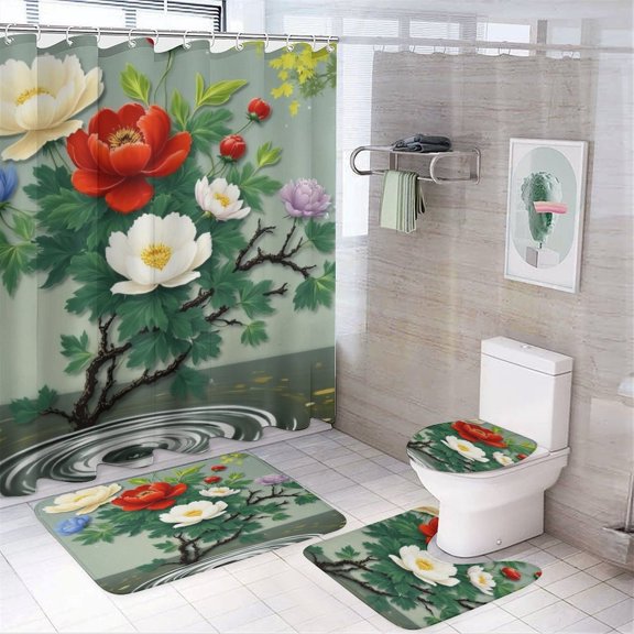 Colorful Peonies And Water Reflection Shower Curtain Set Modern Bathroom Decor Mats 4pcs Fabric Bathroom Curtain Slip Floor Rug Toilet Lid