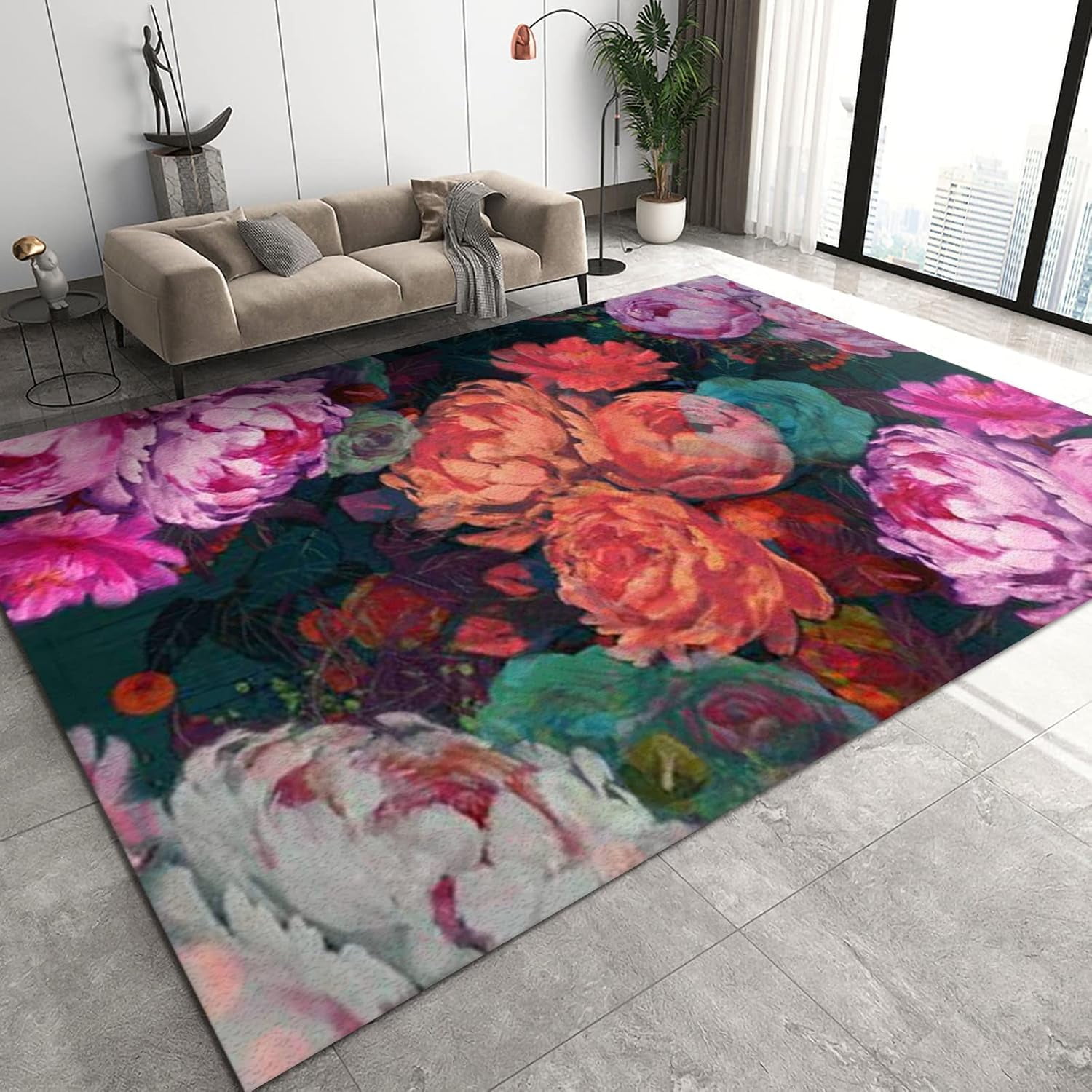 Colorful Peony Flower Area Rugs, Cute Flower Carpet, Easy Cleaning With ...