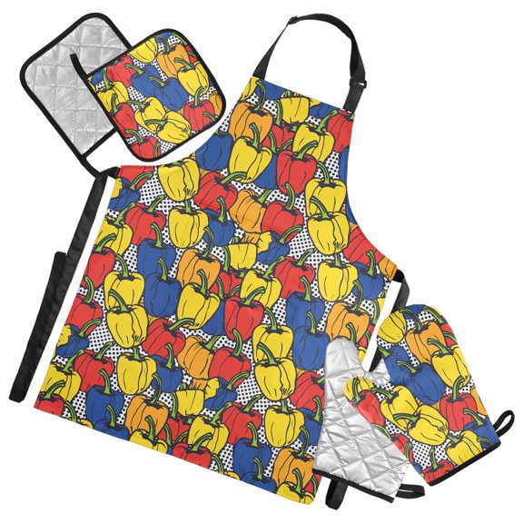 Colorful Pepper Food 5 Pcs Kitchen Set Heat Resistant Oven Mitts and Non-Slip Pot Holders with Adjustable Cooking Apron