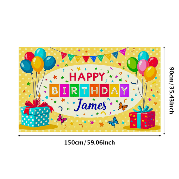 Colorful Personalized Happy Birthday Banner with Balloons Gift Boxes and Stars Background Party Supplies for Birthday Party Decoration Photography Props Photo Booth Decorations
