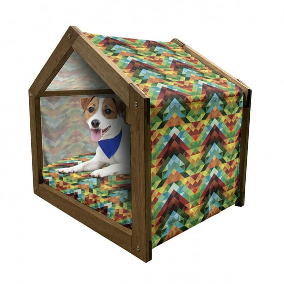 Colorful Pet House, Abstract Optic Effect Triangle Pattern Digital Vibrant Contemporary Design, Outdoor & Indoor Portable Dog Kennel with Pillow and Cover, 5 Sizes, Multicolor, by Ambesonne