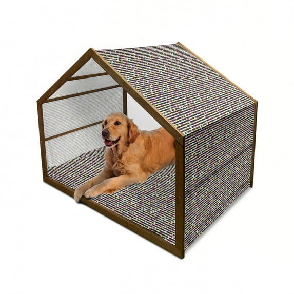 Colorful Pet House, Hand Drawn Grunge Inspired Composition of Circles and Dots on Stripped Backdrop, Outdoor & Indoor Portable Dog Kennel with Pillow and Cover, 5 Sizes, Multicolor, by Ambesonne