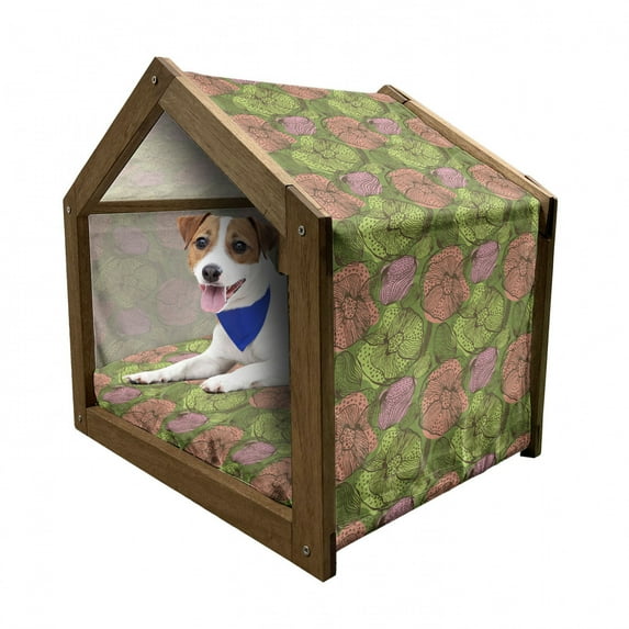 Colorful Pet House, Vintage Floral Composition with Hand Drawn Style Blossoms Exotic Aged Foliage, Outdoor & Indoor Portable Dog Kennel with Pillow and Cover, 5 Sizes, Multicolor, by Ambesonne