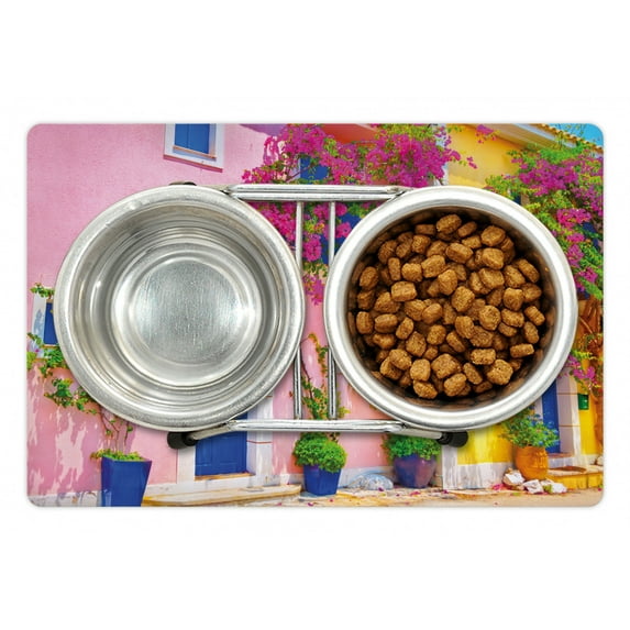 Colorful Pet Mat for Food and Water, Old Building Along Flowers Image Cephalonia Island of Greece at Summer Season, Non-Slip Rubber Mat for Dogs and Cats, 18" X 12", by Ambesonne