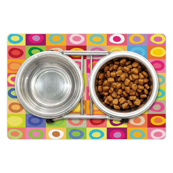 Colorful Pet Mat for Food and Water, Squares Lively Colors with Hand Drawn Style Circles Childish Kids Nursery Design, Non-Slip Rubber Mat for Dogs and Cats, 18" X 12", by Ambesonne