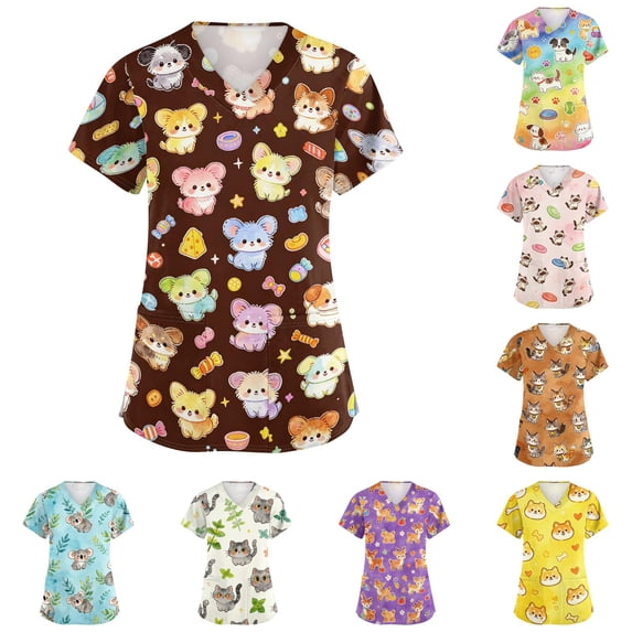 Colorful Pet Print Scrub Top for Women, V-Neck Short Sleeve Vet Tech Uniform with Pockets - Breathable Cartoon Animal Medical Workwear Beige L