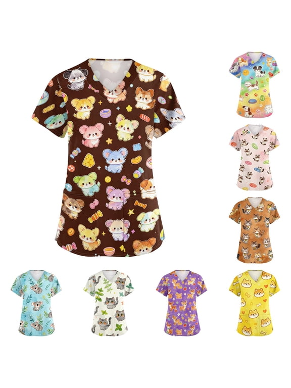 Colorful Pet Print Scrub Top for Women, V-Neck Short Sleeve Vet Tech Uniform with Pockets - Breathable Cartoon Animal Medical Workwear Black XXL