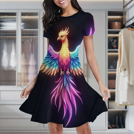 Colorful Phoenix Bird Art Women's Classic Swing Skater Dress Casual Work Party Cocktail Dresses