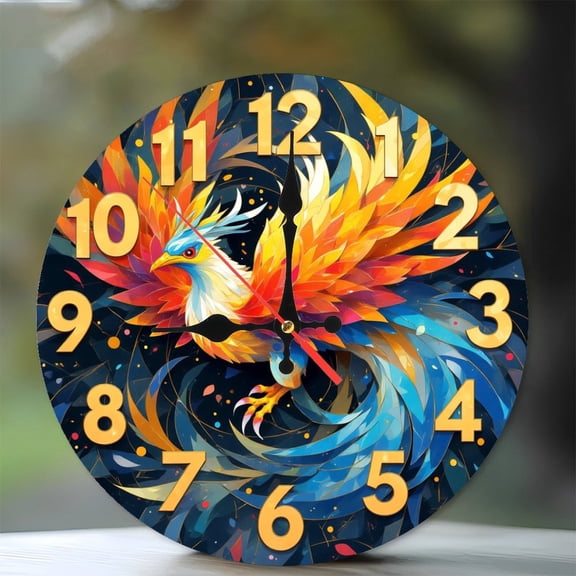 Colorful Phoenix Clock 10-Inch Silent Wooden Wall Clock, Battery Operated (AA Batteries Not Included), Artistic Home Decor