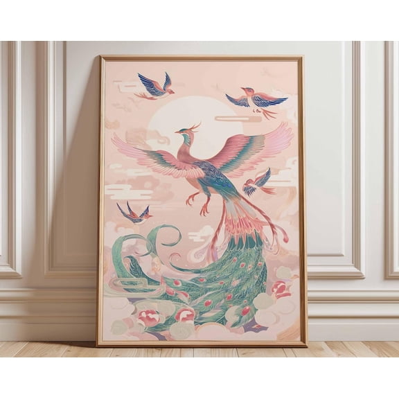 Colorful Phoenix Elegant Oriental Bird Pastel Mythical Creature Wall Art Print, Unframed Paper Poster 8x10in