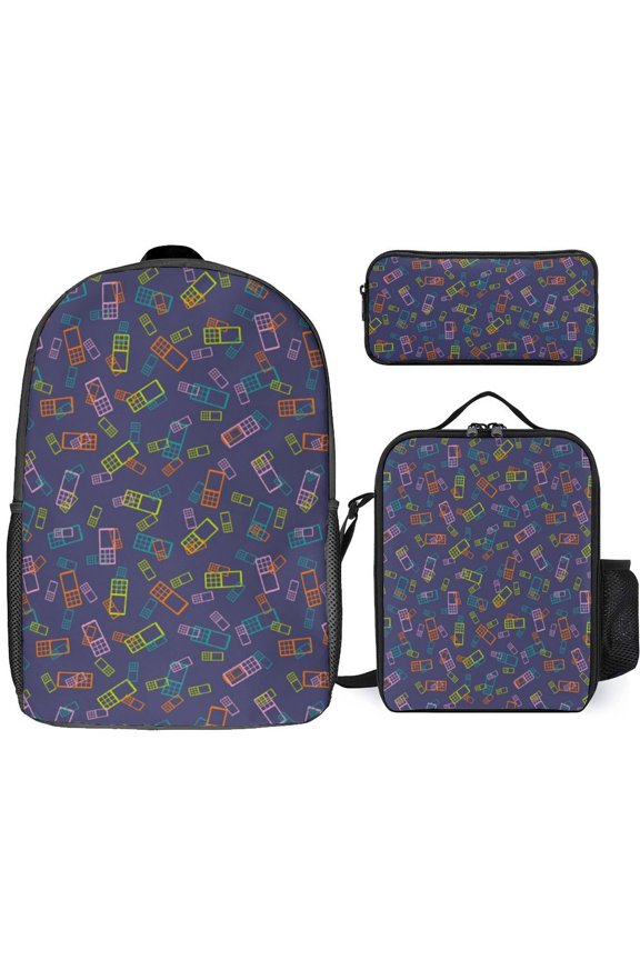 Colorful Phone Pattern Background Backpack Student BookBag Bag Shoulder Bags 3ps Insulated Lunch Bag Pencil Case