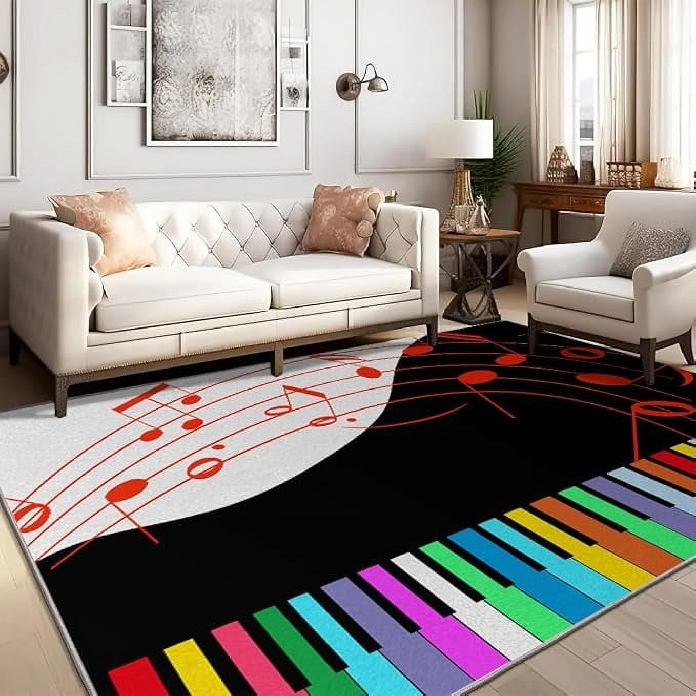 Colorful Piano Red Notes Area Rug, Black And White Music Theme Living ...