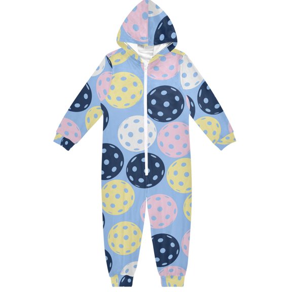 Colorful Pickleball Blue Boys & Girls Hooded One-Piece Pajamas Warm Crystal velvet Hooded Long Sleeve Loungewear Jumpsuit Unisex