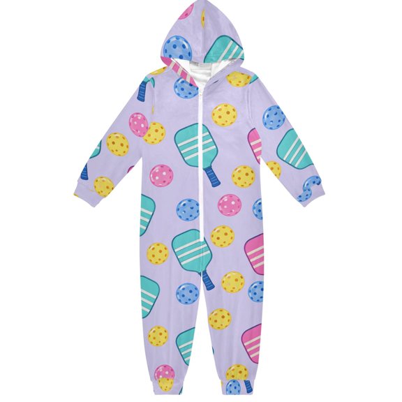 Colorful Pickleball Boys & Girls Hooded One-Piece Pajamas Warm Crystal velvet Hooded Long Sleeve Loungewear Jumpsuit Unisex