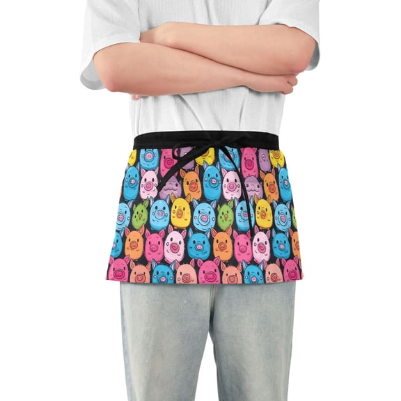 Colorful Pig Face Server Apron with 3 Pockets Waterproof Waitress Waist Short Apron for Man Woman 12 Inches