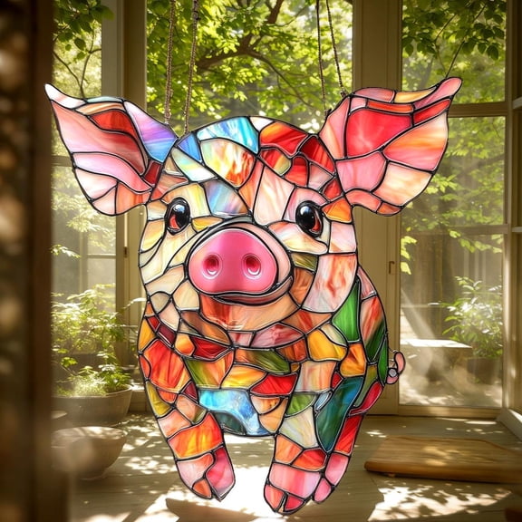 Colorful Piglet Acrylic Resin Suncatcher - Faux Stained Glass Window Hanging, Fun Gift For Animal Lover, Cute Farmhouse Decor