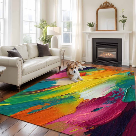 Colorful Pigment Area Rug 5x7 FT, Non Slip Bedroom Throw Carpet, Abstract Color Block Oil Painting Washable Soft Floor Carpet Non-Shedding Rug for Dining Room Bedside Classroom Desk