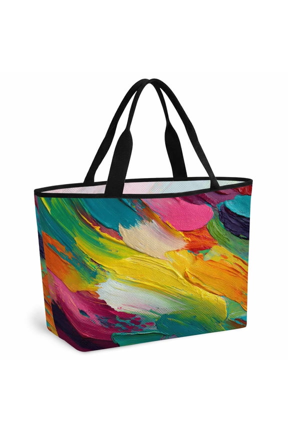 Colorful Pigment Beach Bag for Women, Large Breathable Mesh Beach Tote Bag, Abstract Color Block Oil Painting Sandproof Lightweight Travel Bags for Vacation Picnic Swimming Pool 15.7"x15.7"x9.1"