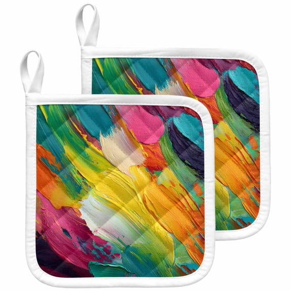 Colorful Pigment Pot Holders for Kitchen Heatproof Potholder, 2 Pack Abstract Color Block Oil Painting Hot Pads Multipurpose Oven Pads Cloth Potholders Trivet for Cooking and Baking