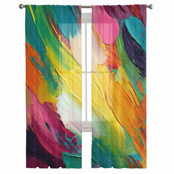 Colorful Pigment Semi Sheer Curtains 108 Inch Length 2 Panels Set, Abstract Color Block Oil Painting Sheer Kitchen Curtain Privacy Voile Window Curtain for Living Room Bedroom Rod Pocket Drapes