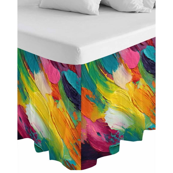 Colorful Pigment Wrap Around Bed Skirts for California King Bed 18" Drop,Bed Skirt with Adjustable Elastic Belt Dust Ruffle Bed Valance for Bedroom Abstract Color Block Oil Painting Bed Frame Cover