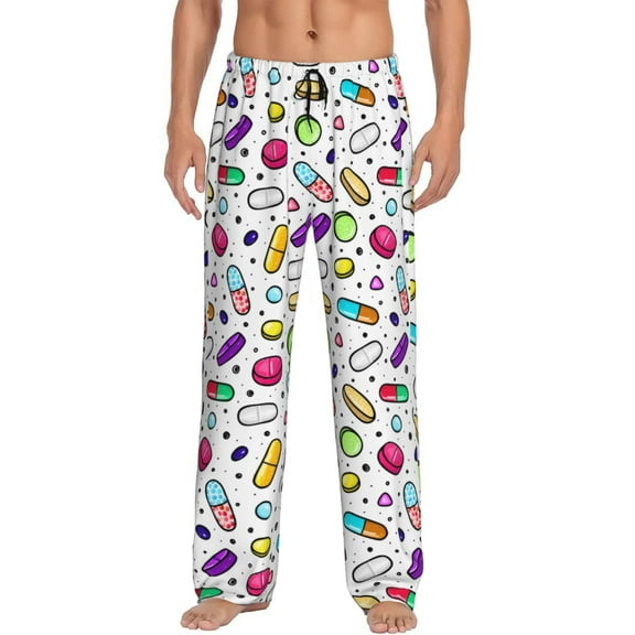 Colorful Pills Pharmacy Men's Pajama Pants Soft Breathable Sleep Lounge Pants With Pockets, Elastic Waist PJS Bottoms For Nightwear & Home Large
