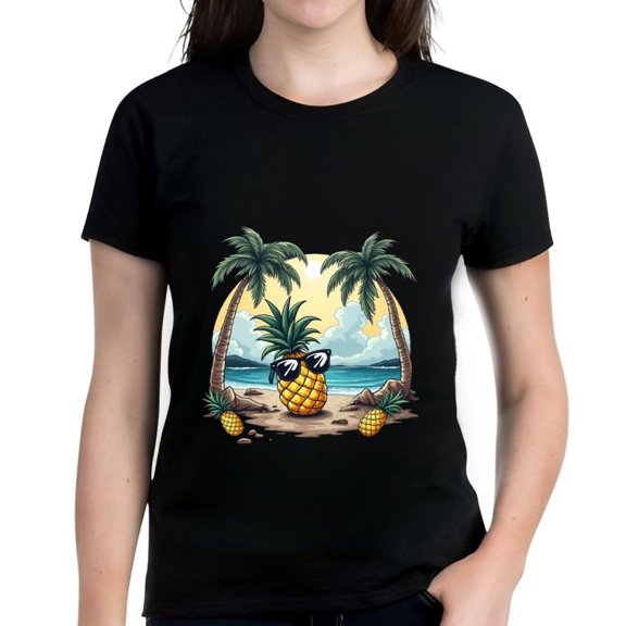 Colorful Pineapple Graphic Cotton Short Sleeve T-Shirt - Fun Beach Sunset Design with Sunglasses & Trees