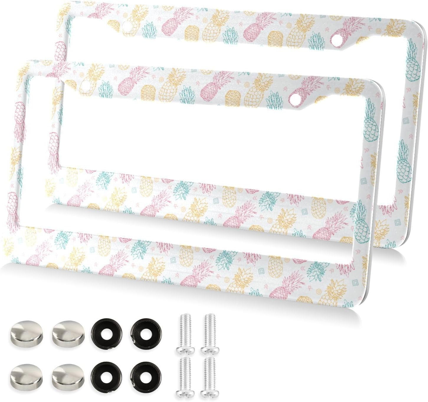 Colorful Pineapple License Plate Frame 2 Pack Universal Stainless