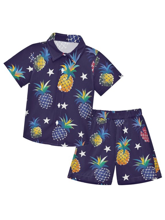 Colorful Pineapple Pattern Boys' Hawaiian Shorts Sets Button Down Shirts 3T-10Y for Beach Vacation