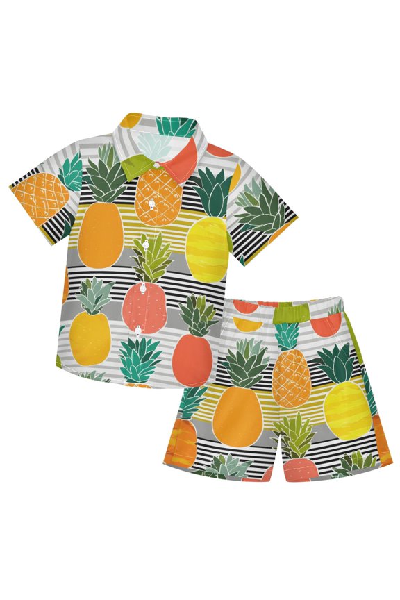 Colorful Pineapple Pattern Boys' Hawaiian Shorts Sets Button Down Shirts 3T-10Y for Beach Vacation