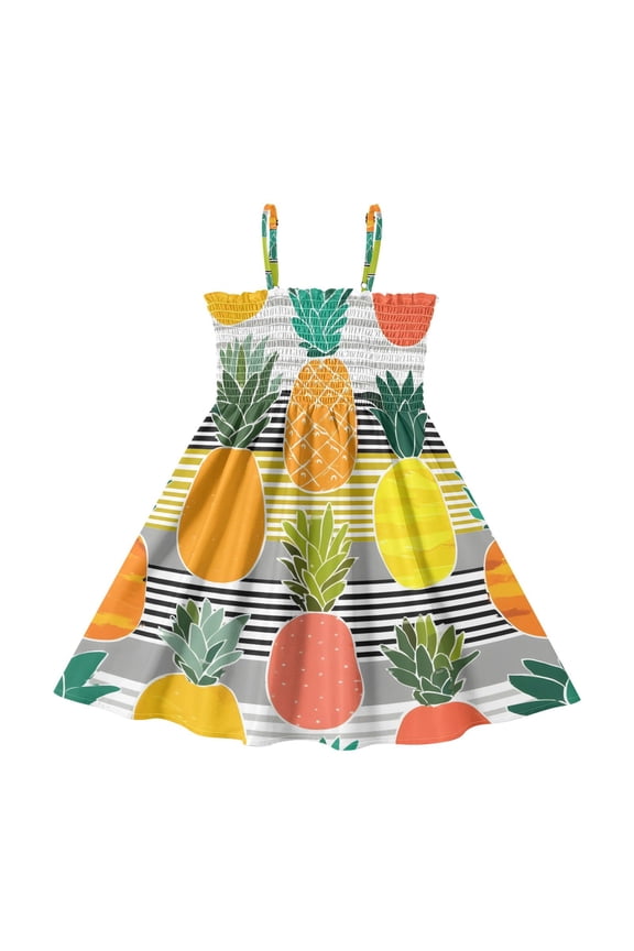 Colorful Pineapple Pattern Girls' Casual Dresses 2Y-8Y Sleeveless Ruffle Neck for Summer Daily Wear